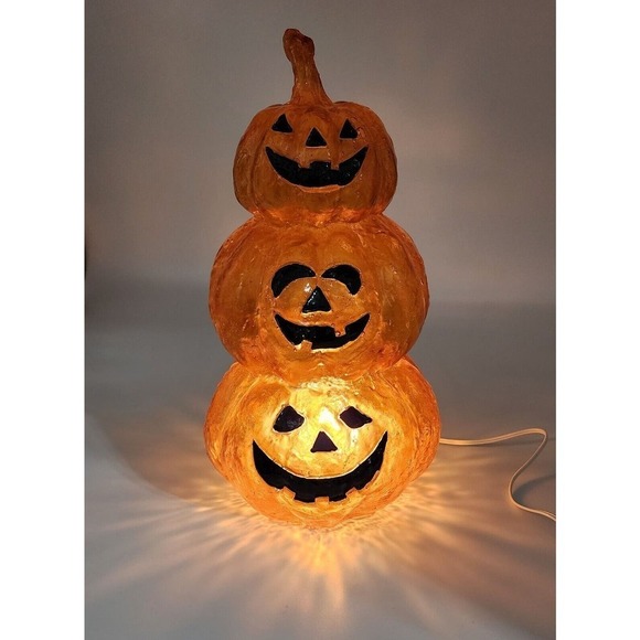 Vintage Halloween Pumpkin Stack Blow Mold Resin Plastics 15” Tall Lighted - Picture 2 of 12